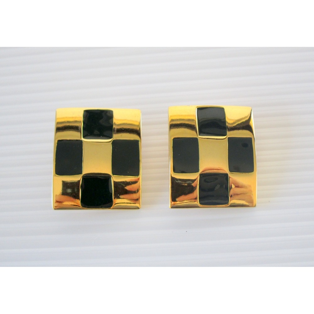 Alexis Kirk Vintage Gold Tone & Black Vintage Clip On Earrings Statement - Picture 2 of 5